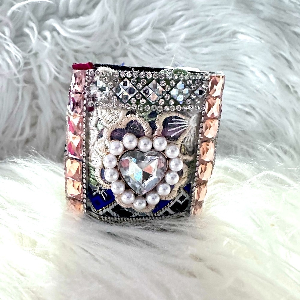 RUBYRUDI Cuff Bracelet Handcrafted OOAK Fabric Embellished Artisan Wearable Art - Picture 2 of 15